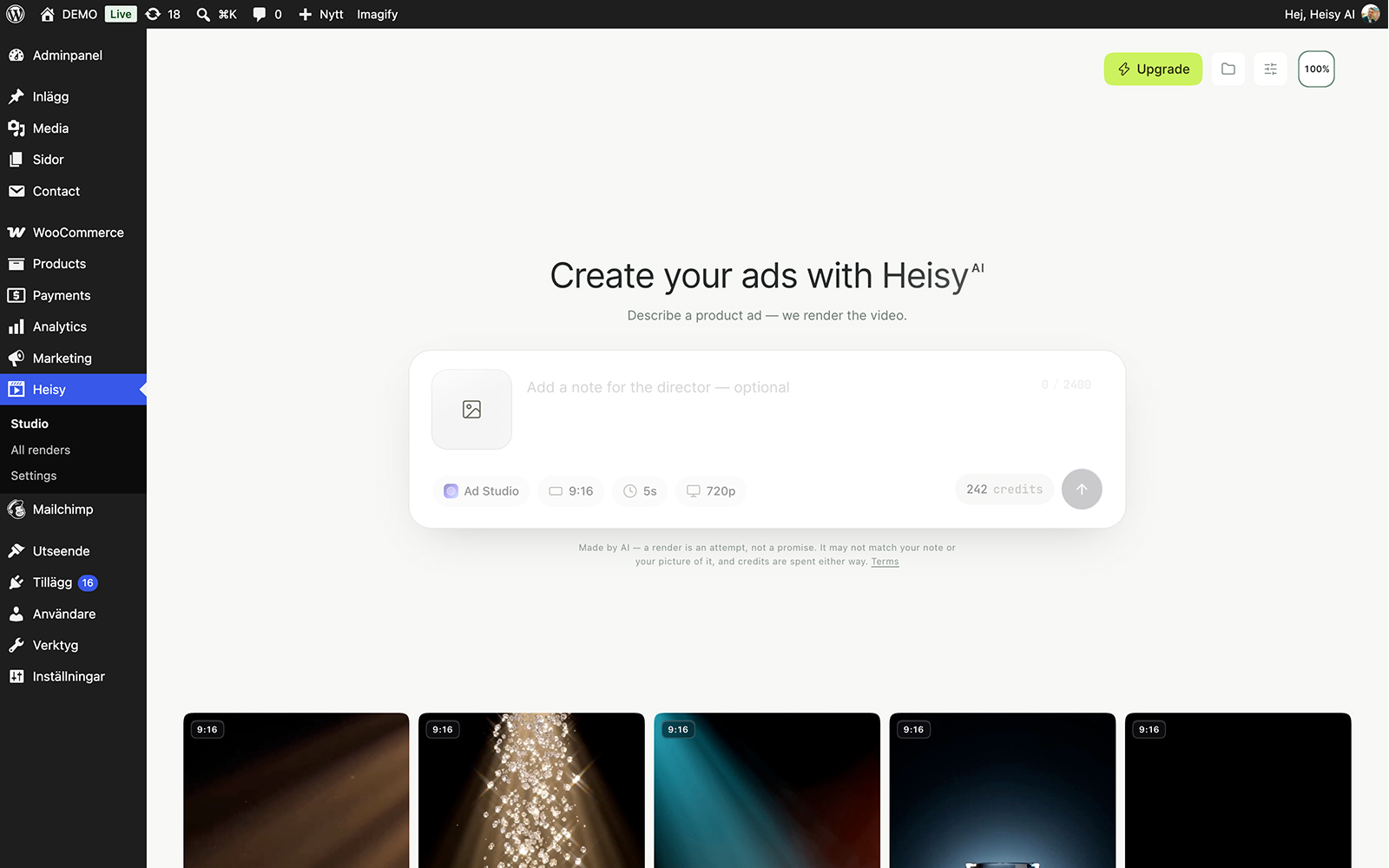 The Heisy studio in wp-admin: the composer with a photo slot, style, aspect, length and quality, and the latest renders underneath
